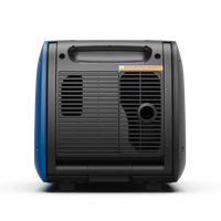 A FIRMAN Power Equipment Dual Fuel Inverter Portable Generator 4000W Electric Start with CO ALERT seen from the back, featuring a vented black panel, exhaust port, and top handle—reliable portable energy anywhere.