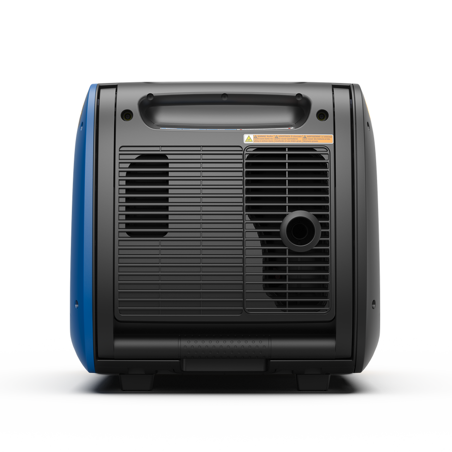 A FIRMAN Power Equipment Dual Fuel Inverter Portable Generator 4000W Electric Start with CO ALERT seen from the back, featuring a vented black panel, exhaust port, and top handle—reliable portable energy anywhere.