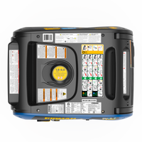 Top view of the FIRMAN Power Equipment Dual Fuel Inverter Portable Generator 4000W Electric Start with CO ALERT, highlighting the fuel cap, warning labels, instructions, diagrams, and safety icons on its black and gray casing.