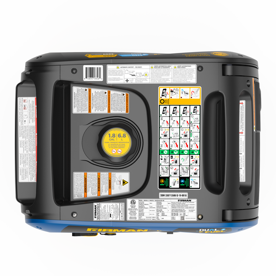 Top view of the FIRMAN Power Equipment Dual Fuel Inverter Portable Generator 4000W Electric Start with CO ALERT, highlighting the fuel cap, warning labels, instructions, diagrams, and safety icons on its black and gray casing.