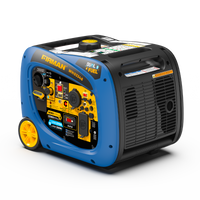 The FIRMAN Power Equipment Dual Fuel Inverter Portable Generator 4000W Electric Start with CO ALERT, featuring a control panel, wheels, and handles, is displayed against a white background.
