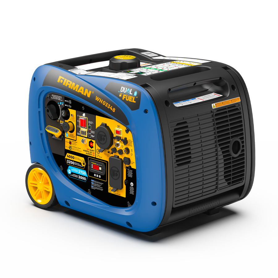 The FIRMAN Power Equipment Dual Fuel Inverter Portable Generator 4000W Electric Start with CO ALERT, featuring a control panel, wheels, and handles, is displayed against a white background.