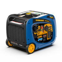 The FIRMAN Power Equipment Dual Fuel Inverter Portable Generator features 4000 starting watts, electric start, CO ALERT, a control panel, wheels, and a black carrying handle.