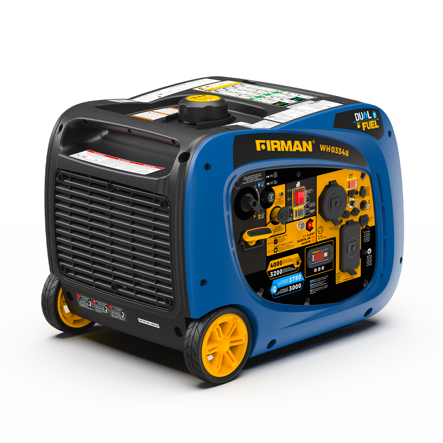 The FIRMAN Power Equipment Dual Fuel Inverter Portable Generator features 4000 starting watts, electric start, CO ALERT, a control panel, wheels, and a black carrying handle.