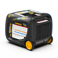 The FIRMAN Power Equipment Dual Fuel Inverter Portable Generator 4000W Electric Start with CO ALERT features a stylish black and gray design, yellow wheels, and includes safety and operating instructions.