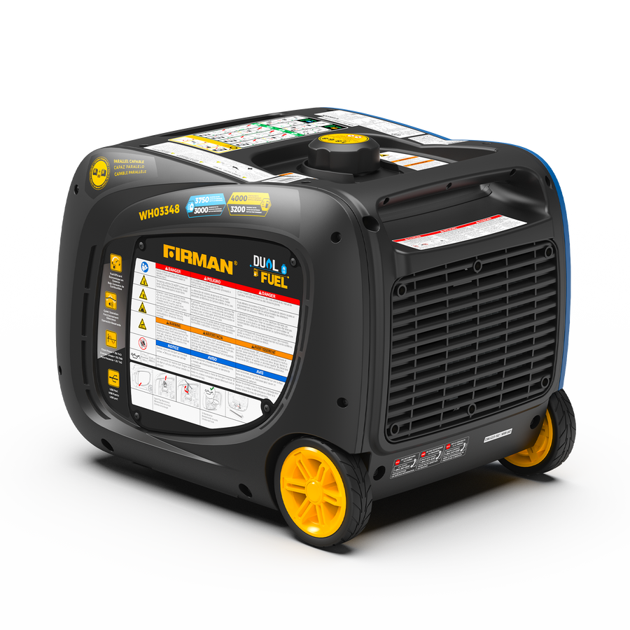 The FIRMAN Power Equipment Dual Fuel Inverter Portable Generator 4000W Electric Start with CO ALERT features a stylish black and gray design, yellow wheels, and includes safety and operating instructions.