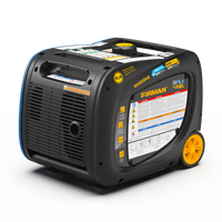 The FIRMAN Power Equipment Dual Fuel Inverter Portable Generator, 4000W Electric Start with CO ALERT, features yellow wheels and a black casing with safety labels, shown on a white background.