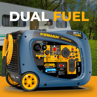 A FIRMAN Power Equipment Dual Fuel Inverter Portable Generator 4000/3200W Electric Start with CO ALERT, a Lowe’s exclusive, is shown in front of a parked camper, with yellow power cords and its control panel visible.