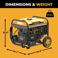 The FIRMAN Power Equipment Dual Fuel Open Frame Inverter 4500W Electric Start with CO Alert is portable, yellow and black, measures 23.0"H x 24.1"D x 24.5"W, and weighs 119 lbs.