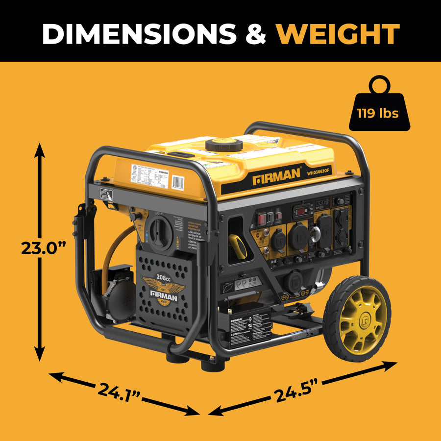 The FIRMAN Power Equipment Dual Fuel Open Frame Inverter 4500W Electric Start with CO Alert is portable, yellow and black, measures 23.0"H x 24.1"D x 24.5"W, and weighs 119 lbs.