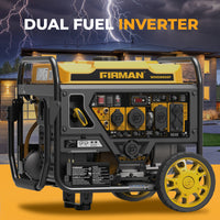 A FIRMAN Power Equipment Dual Fuel Open Frame Inverter 4500W Electric Start with CO Alert sits before a modern house at night, while lightning brightens the sky.
