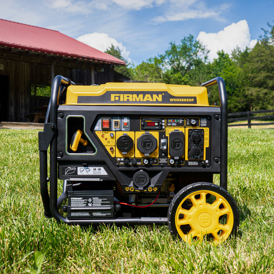 A FIRMAN Power Equipment Dual Fuel Open Frame Inverter 4500W Electric Start with CO Alert generator is on grass by a wooden building. The portable unit is yellow and black, and features wheels for easy movement.