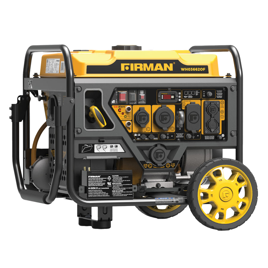 The FIRMAN Power Equipment Dual Fuel Open Frame Inverter 4500W Electric Start with CO Alert is a portable, fuel-efficient generator featuring yellow and black casing, multiple outlets, yellow wheels, and a convenient carry handle.