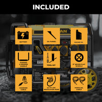 Image of the FIRMAN Power Equipment Dual Fuel Open Frame Inverter 4500W Electric Start With CO Alert, with overlay icons showing included: battery, oil funnel, engine oil, handle, toolkit, wheels, charger cable, LPG hose & parallel cable.