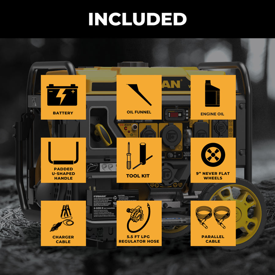 Image of the FIRMAN Power Equipment Dual Fuel Open Frame Inverter 4500W Electric Start With CO Alert, with overlay icons showing included: battery, oil funnel, engine oil, handle, toolkit, wheels, charger cable, LPG hose & parallel cable.