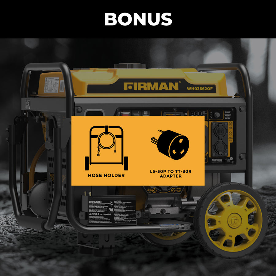The FIRMAN Power Equipment Dual Fuel Open Frame Inverter 4500W Electric Start with CO Alert is portable and fuel-efficient, featuring a bonus sign, hose holder, and LS-30P to TT-30R adapter.