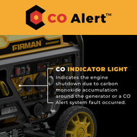 The FIRMAN Power Equipment Dual Fuel Open Frame Inverter 4500W Electric Start features a CO Alert system with an indicator light that signals engine shutdown for safe use if carbon monoxide builds up or if there’s a CO Alert fault.