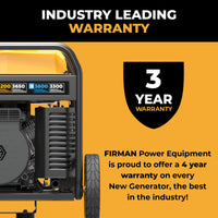 The FIRMAN Power Equipment Dual Fuel Open Frame Inverter 4500W Electric Start with CO Alert offers fuel efficiency, portability, a standard 3-year warranty, and an optional 4-year warranty for new generators.