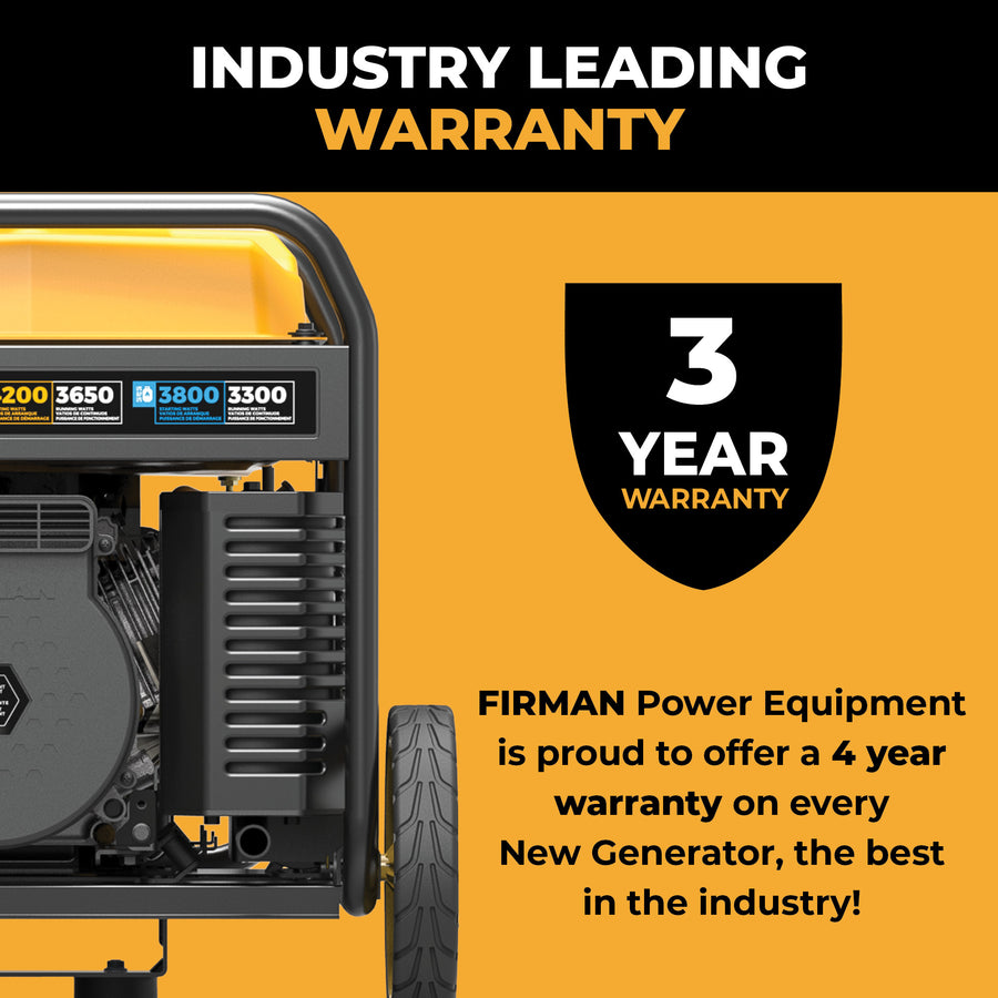 The FIRMAN Power Equipment Dual Fuel Open Frame Inverter 4500W Electric Start with CO Alert offers fuel efficiency, portability, a standard 3-year warranty, and an optional 4-year warranty for new generators.