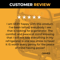 A five-star review praises the FIRMAN Power Equipment Dual Fuel Open Frame Inverter 4500W Electric Start With CO Alert for its reliability, fuel efficiency, and value. James says it exceeded his expectations—highly recommended!.