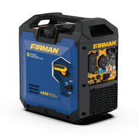 A Firman 4250 portable generator shown at a three-quarter angle on a white background. The generator features a blue front panel with yellow Firman branding, a black and blue rugged housing, and a detailed yellow and black control panel on the side.