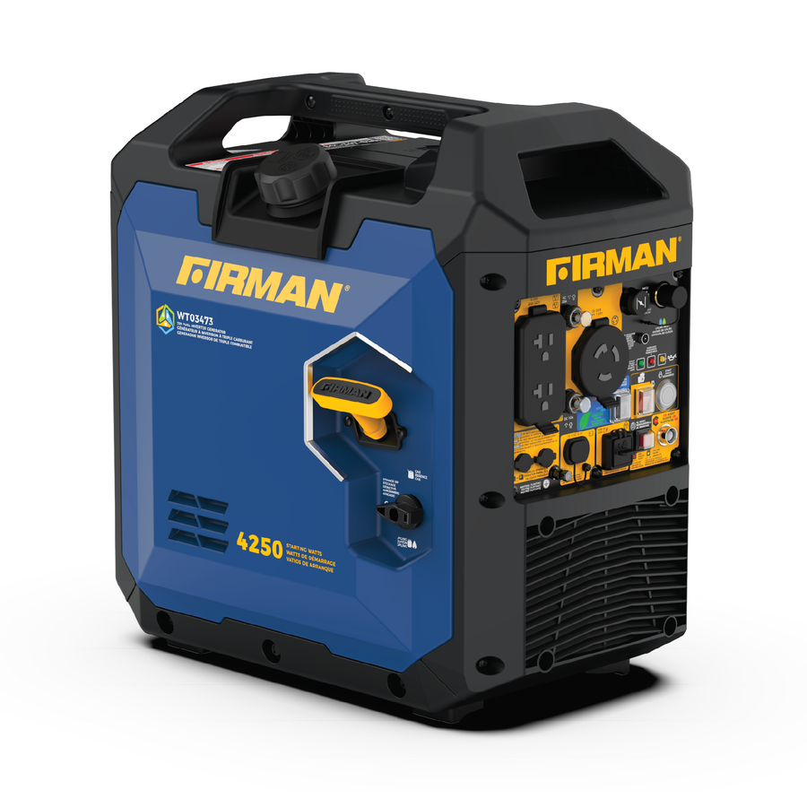 A Firman 4250 portable generator shown at a three-quarter angle on a white background. The generator features a blue front panel with yellow Firman branding, a black and blue rugged housing, and a detailed yellow and black control panel on the side.