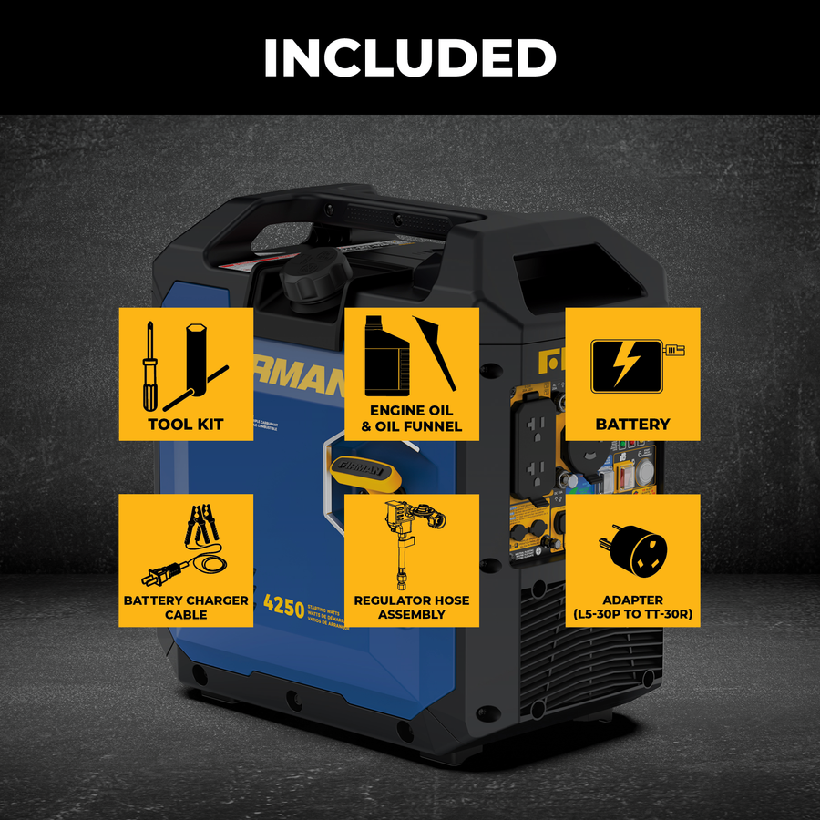 A blue and black portable generator or power unit shown on a dark textured background with the word INCLUDED at the top and six yellow accessory callouts around it: tool kit, engine oil & oil funnel, battery, battery charger cable, regulator hose assembly, and adapter.