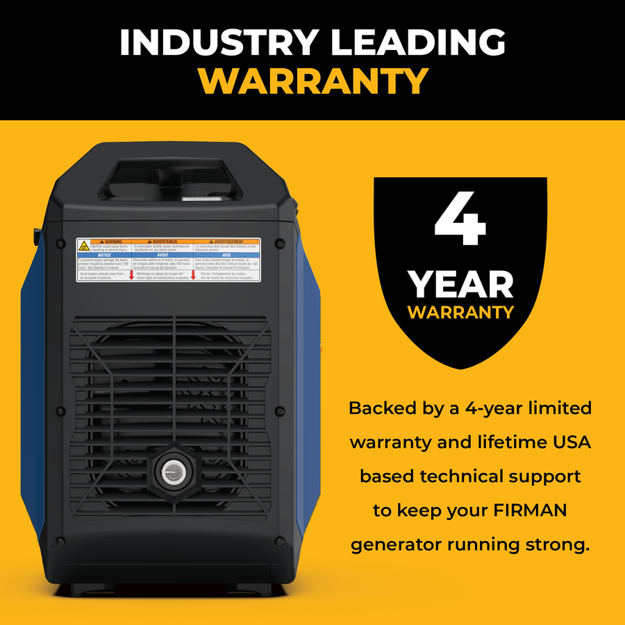 A portable generator shown from the back on a bright yellow background with promotional text about a 4-year warranty. The generator is black with blue side panels, and the graphic includes a black shield icon with '4 YEAR WARRANTY' and additional support copy.
