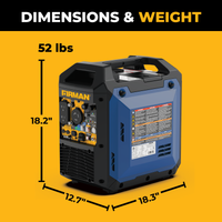 A portable generator shown on a bright yellow background with measurement lines and text indicating dimensions: 18.2 inches tall, 12.