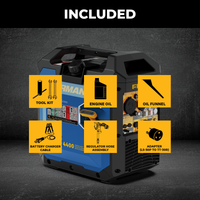 The FIRMAN Power Equipment Tri Fuel Inverter Portable Generator 4400/3500 Watt Electric Start 120V Parallel Ready CO Alert comes complete with essential accessories such as a tool kit, engine oil, oil funnel, battery charger cable, regulator hose assembly, and an L5-30P to TT-30R adapter—making it the ideal RV generator solution.