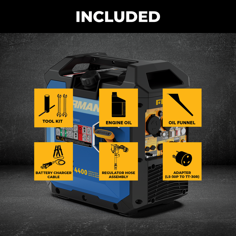 The FIRMAN Power Equipment Tri Fuel Inverter Portable Generator 4400/3500 Watt Electric Start 120V Parallel Ready CO Alert comes complete with essential accessories such as a tool kit, engine oil, oil funnel, battery charger cable, regulator hose assembly, and an L5-30P to TT-30R adapter—making it the ideal RV generator solution.