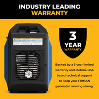 A FIRMAN Power Equipment Tri Fuel Inverter Portable Generator 4400/3500 Watt Electric Start 120V Parallel Ready CO Alert is displayed beside text featuring a 3-year limited warranty and lifetime USA-based technical support.