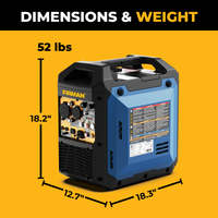 Blue and black FIRMAN Power Equipment Tri Fuel Inverter Portable Generator 4400/3500 Watt Electric Start displayed on a yellow background, with product label and control panel clearly visible for easy operation. This portable generator weighs 52 lbs and measures 18.2″ tall, 12.7″ wide, and 18.3″ deep. It features tri-fuel capability, parallel readiness, CO Alert for safety, and delivers reliable power in any setting.