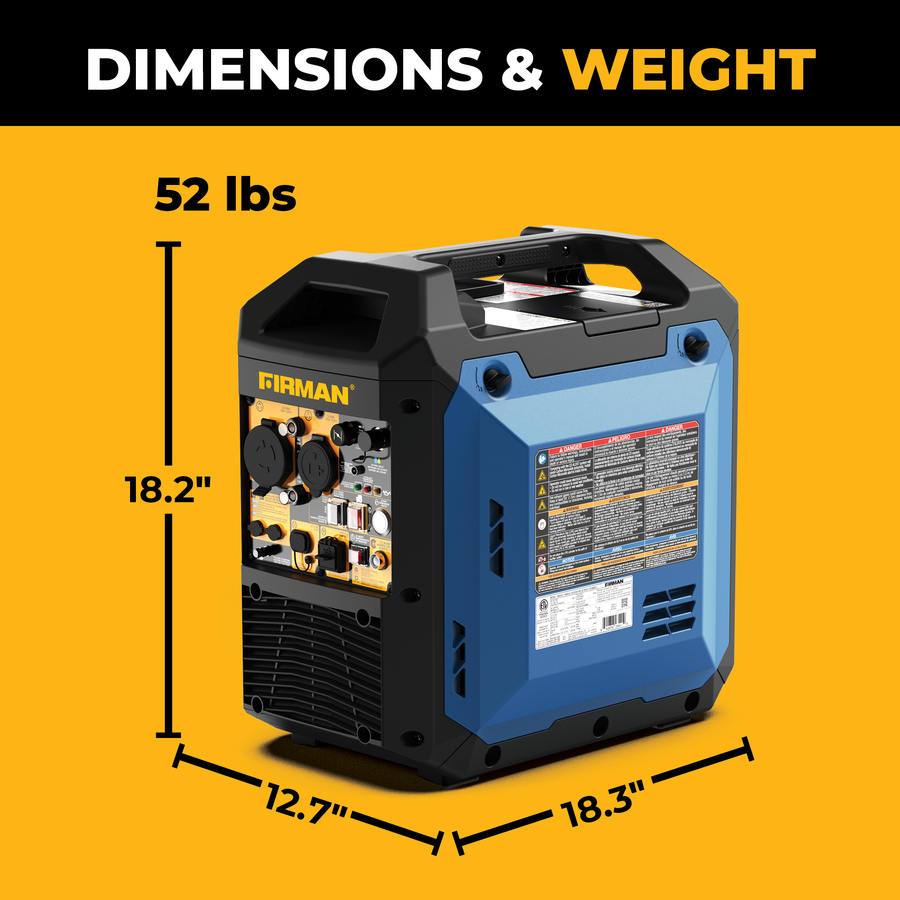 Blue and black FIRMAN Power Equipment Tri Fuel Inverter Portable Generator 4400/3500 Watt Electric Start displayed on a yellow background, with product label and control panel clearly visible for easy operation. This portable generator weighs 52 lbs and measures 18.2″ tall, 12.7″ wide, and 18.3″ deep. It features tri-fuel capability, parallel readiness, CO Alert for safety, and delivers reliable power in any setting.