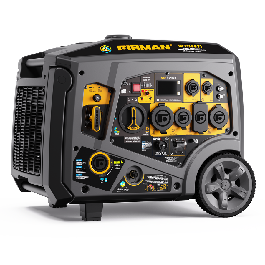 A portable FIRMAN Power Equipment Tri Fuel Inverter Portable Generator 6850W Electric Start With CO Alert with multiple outlets, a control panel, and two wheels for easy transport.