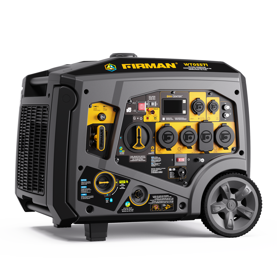 Grey and black fully enclosed inverter generator at a three-quarter angle from the front right, isolated on a transparent background. A full-width control panel carries a rocker switch, a carbon-monoxide alert indicator block, a rectangular gauge screen, and a large rotary fuel-selector dial at centre left. The receptacle bank runs in two rows: four round rubber-capped twist-lock and RV-style outlets, a flip-cover duplex household outlet, and an upper-right cluster holding a USB-C port and a round DC socket. A choke and recoil handle sits in a side recess, a round LPG inlet and a second gas fitting are on the lower panel, louvred venting covers the left end, a moulded grip is set into the top edge, and one five-spoke wheel is at the rear with a fixed foot under the front.