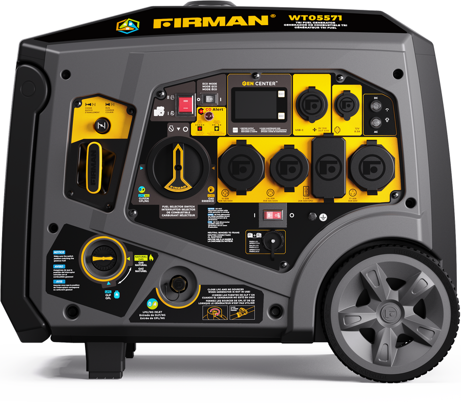 The FIRMAN Tri Fuel Inverter Portable Generator 6850W offers a user-friendly control panel, various outlets, and CO Alert technology for safety. Its portable design features wheels for easy transport and an eco-mode for efficient operation.