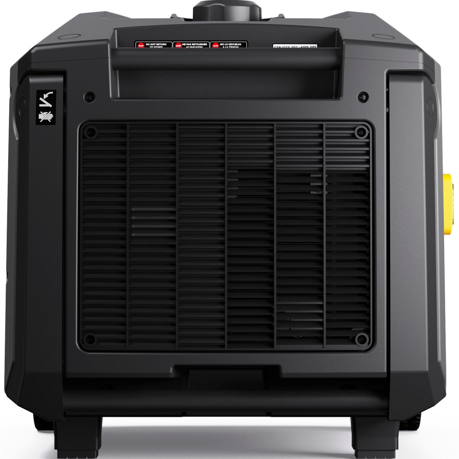 The FIRMAN Power Equipment Tri Fuel Inverter Portable Generator 6850W showcases a sleek black design with a prominent front control panel, yellow circular socket, CO Alert technology for safety, and an eco-mode for efficient energy use.