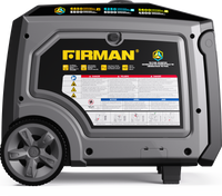 The FIRMAN Power Equipment Tri Fuel Inverter Portable Generator 6850W, featuring an electric start and CO Alert technology, includes detailed specifications and safety instructions on its side panel.