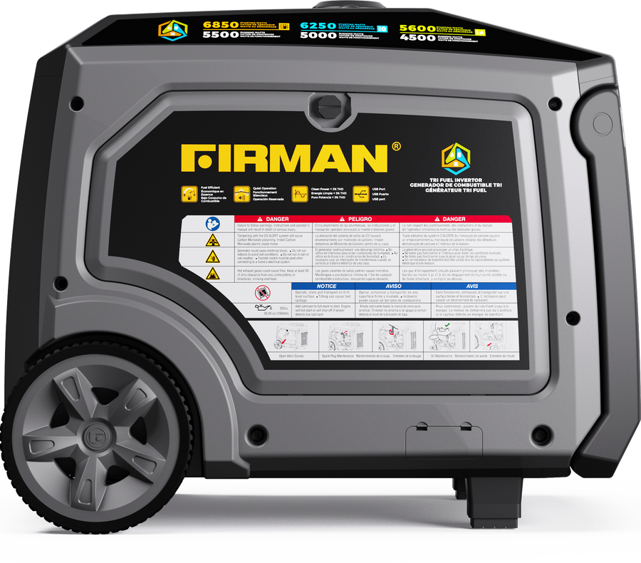 The FIRMAN Power Equipment Tri Fuel Inverter Portable Generator 6850W, featuring an electric start and CO Alert technology, includes detailed specifications and safety instructions on its side panel.