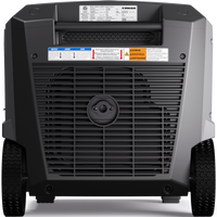 Back view of the FIRMAN Power Equipment Tri Fuel Inverter Portable Generator 6850W Electric Start with vent and warning labels. It has wheels for mobility, eco-mode, and advanced CO Alert technology for safer, quieter performance.