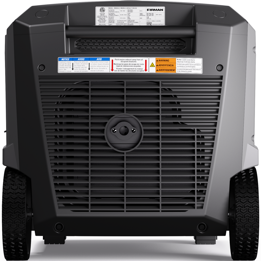 Back view of the FIRMAN Power Equipment Tri Fuel Inverter Portable Generator 6850W Electric Start with vent and warning labels. It has wheels for mobility, eco-mode, and advanced CO Alert technology for safer, quieter performance.
