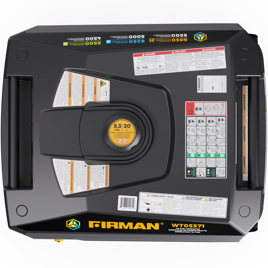 Top view of a FIRMAN Power Equipment Tri Fuel Inverter Portable Generator 6850W Electric Start With CO Alert showing various labels, including safety instructions, operating guidelines, and fuel gauge, set against a black casing with yellow and white accents.