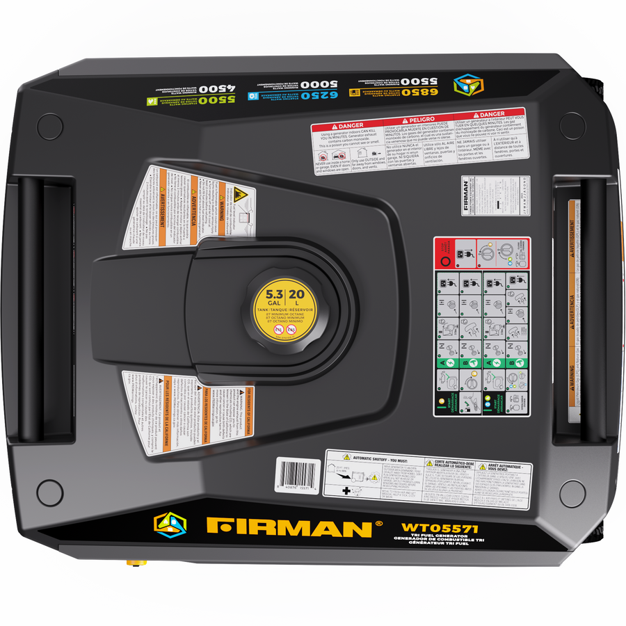 Top view of a black FIRMAN Power Equipment generator, model "Tri Fuel Inverter Portable Generator 6850W Electric Start With CO Alert," featuring decals, instructions, and CO Alert technology for safety and peace of mind.