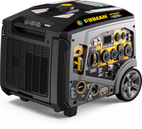 The Tri Fuel Inverter Portable Generator by FIRMAN Power Equipment features a stylish black and gray design, complete with multiple outlets, a control panel, wheels for easy transport, an eco-mode for efficient fuel use, and CO Alert technology for safety during operation.