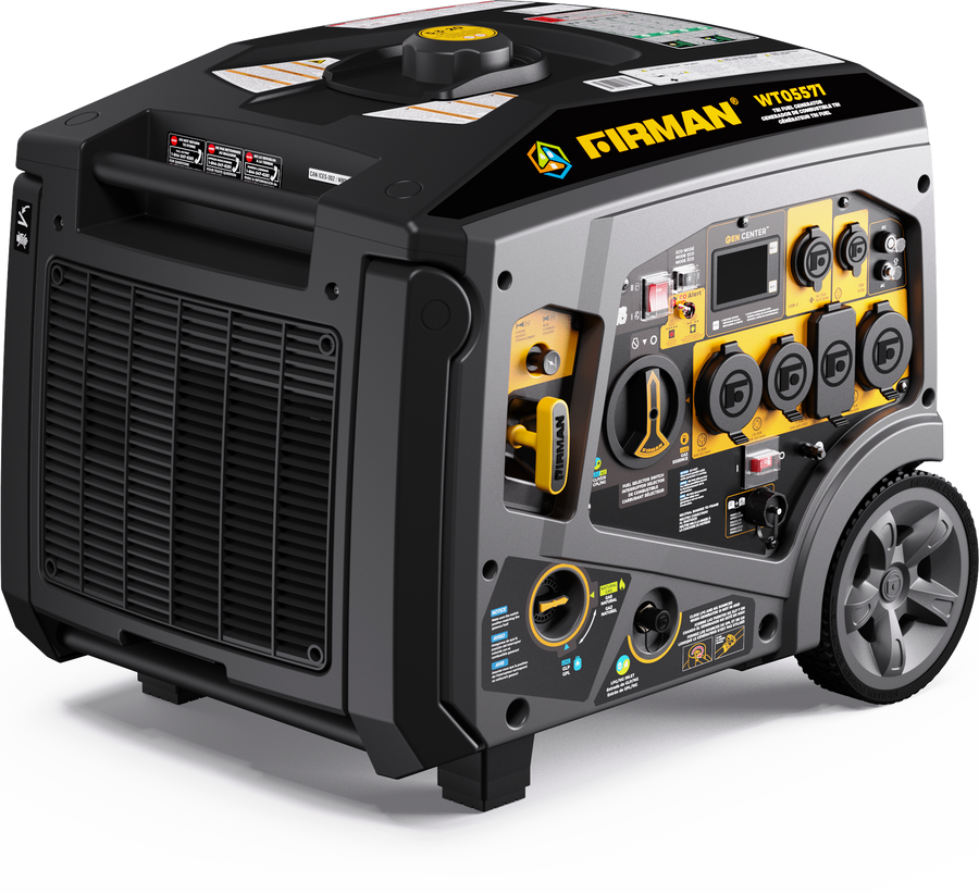 The Tri Fuel Inverter Portable Generator by FIRMAN Power Equipment features a stylish black and gray design, complete with multiple outlets, a control panel, wheels for easy transport, an eco-mode for efficient fuel use, and CO Alert technology for safety during operation.