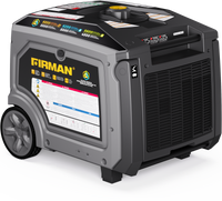 The FIRMAN Tri-Fuel Inverter Portable Generator 6850W, featuring CO Alert and eco-mode for fuel efficiency, is a portable generator with power options, safety warnings, and wheels. It has a black and gray design under FIRMAN Power Equipment's Whisper Series.