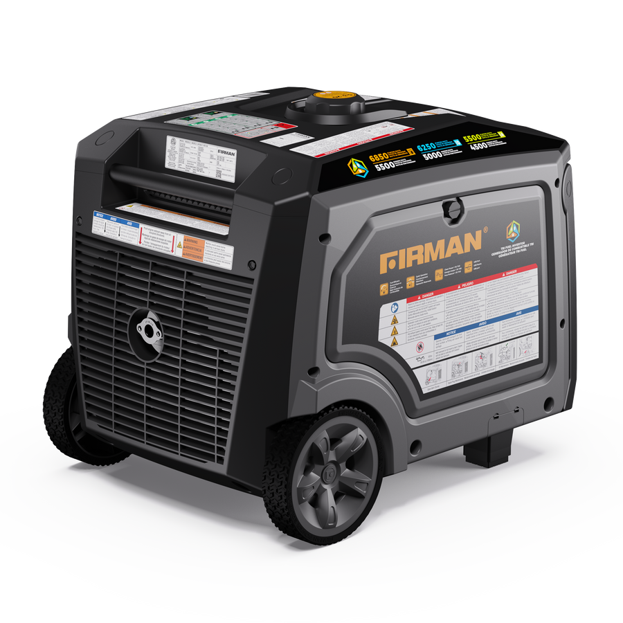 A FIRMAN Power Equipment Tri Fuel Inverter Portable Generator 6850W Electric Start With CO Alert with a black and gray exterior, featuring control panels, two wheels for mobility, and labeled safety instructions.