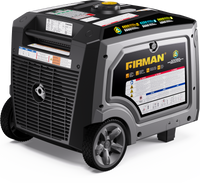 The FIRMAN Tri Fuel Inverter Portable Generator 6850W features a stylish black and gray look with wheels for portability, CO Alert for safety, eco-mode for efficiency, and specification stickers on its control panels for easy reference.