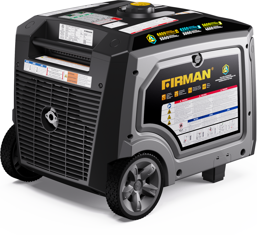 The FIRMAN Tri Fuel Inverter Portable Generator 6850W features a stylish black and gray look with wheels for portability, CO Alert for safety, eco-mode for efficiency, and specification stickers on its control panels for easy reference.